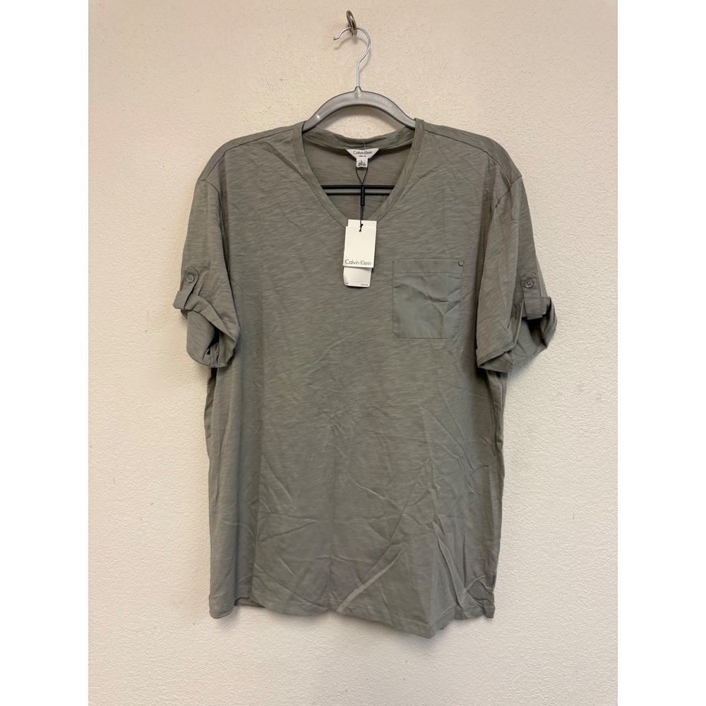 Calvin Klein Men's Large Gray Slim Fit V-Neck Roll Tab Shirt NWT